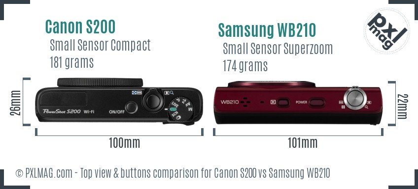 Canon S200 vs Samsung WB210 top view buttons comparison