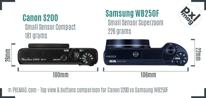 Canon S200 vs Samsung WB250F top view buttons comparison