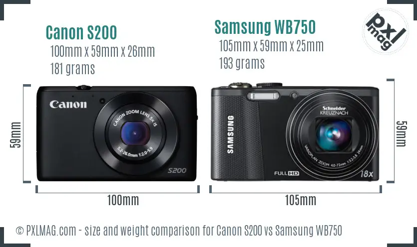 Canon S200 vs Samsung WB750 size comparison