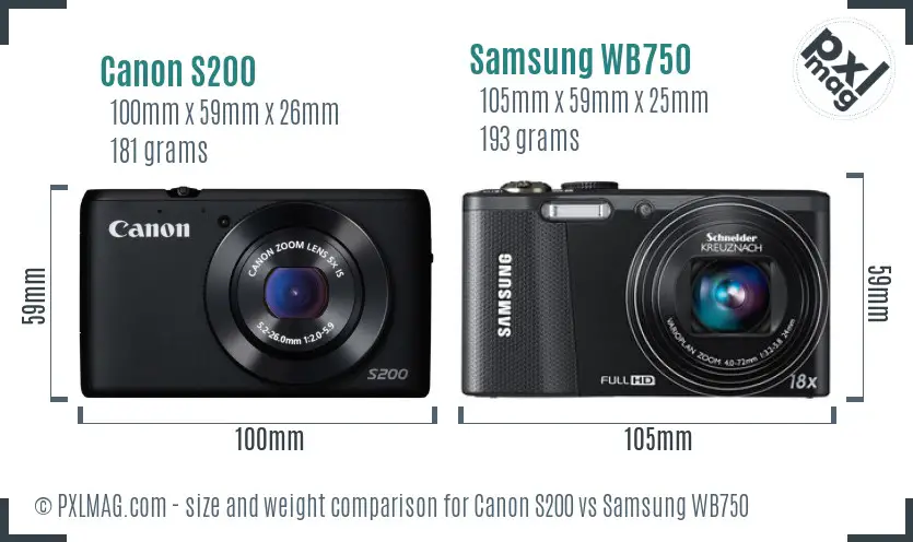 Canon S200 vs Samsung WB750 size comparison Canon S200 vs Samsung WB750 size comparison