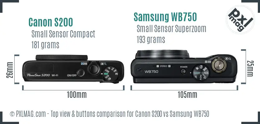 Canon S200 vs Samsung WB750 top view buttons comparison