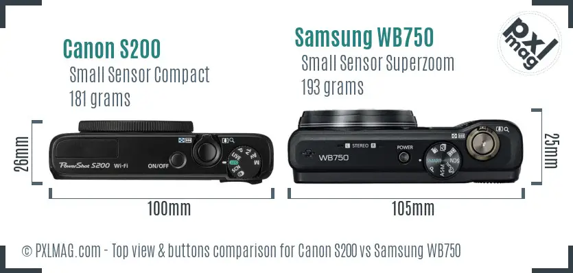 Canon S200 vs Samsung WB750 top view buttons comparison Canon S200 vs Samsung WB750 top view buttons comparison