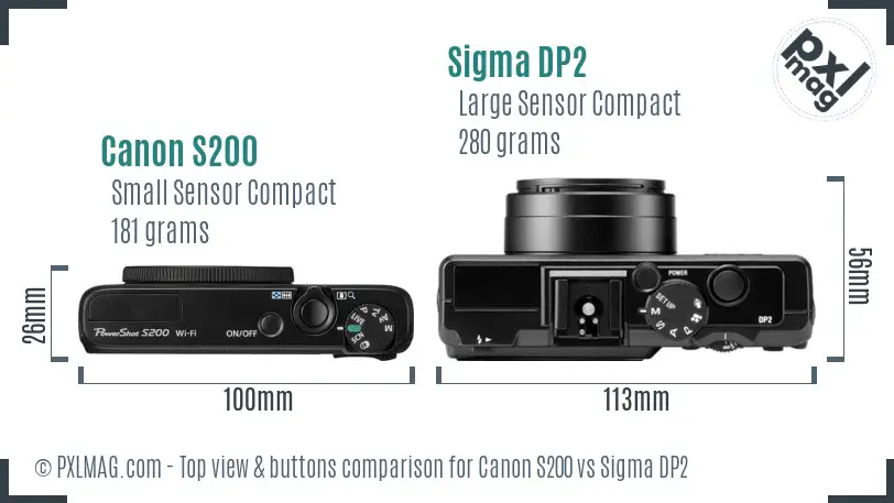 Canon S200 vs Sigma DP2 top view buttons comparison Canon S200 vs Sigma DP2 top view buttons comparison