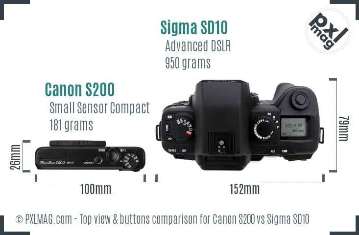 Canon S200 vs Sigma SD10 top view buttons comparison