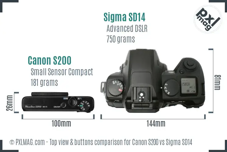 Canon S200 vs Sigma SD14 top view buttons comparison