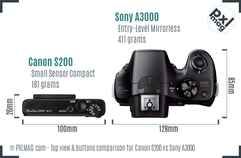 Canon S200 vs Sony A3000 top view buttons comparison