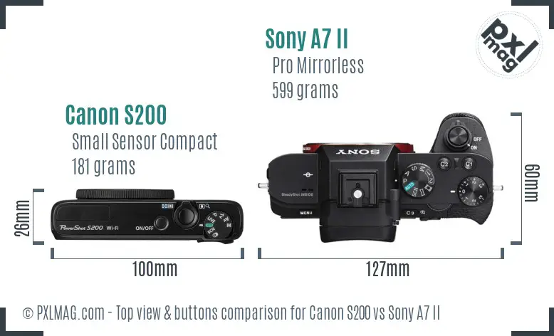 Canon S200 vs Sony A7 II top view buttons comparison