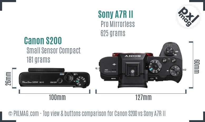 Canon S200 vs Sony A7R II top view buttons comparison