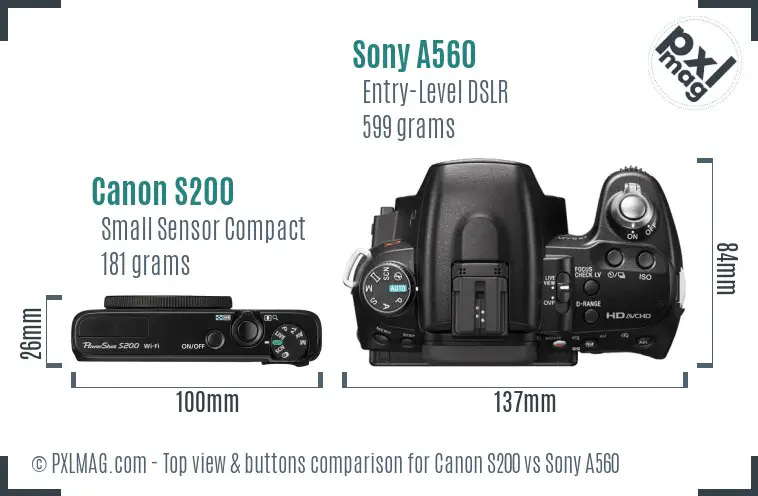 Canon S200 vs Sony A560 top view buttons comparison Canon S200 vs Sony A560 top view buttons comparison