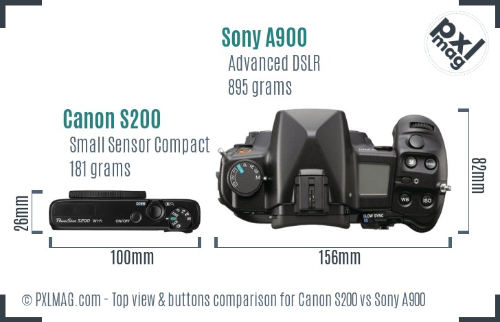 Canon S200 vs Sony A900 top view buttons comparison
