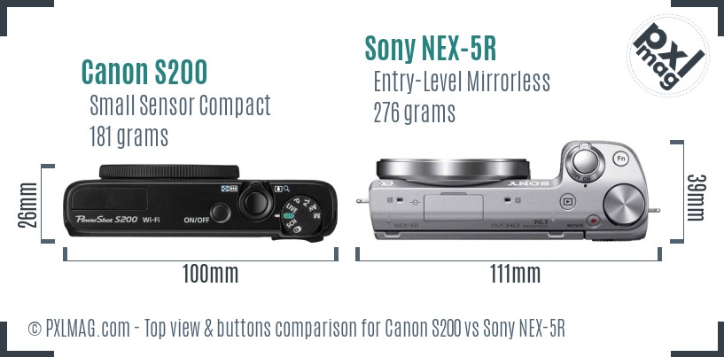 Canon S200 vs Sony NEX-5R top view buttons comparison