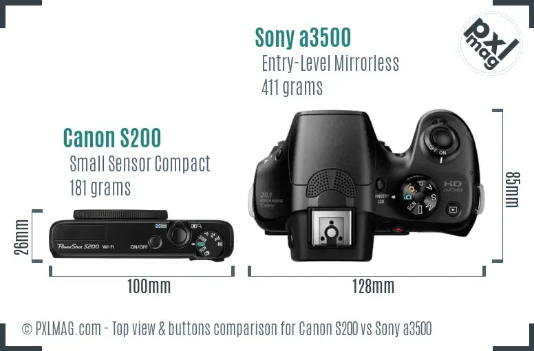 Canon S200 vs Sony a3500 top view buttons comparison Canon S200 vs Sony a3500 top view buttons comparison