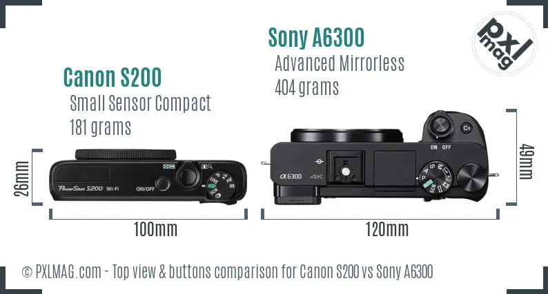 Canon S200 vs Sony A6300 top view buttons comparison