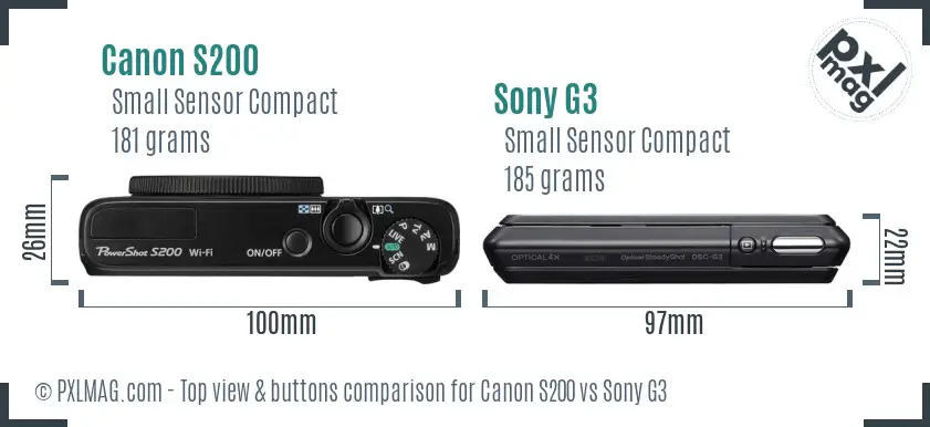 Canon S200 vs Sony G3 top view buttons comparison