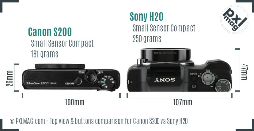 Canon S200 vs Sony H20 top view buttons comparison