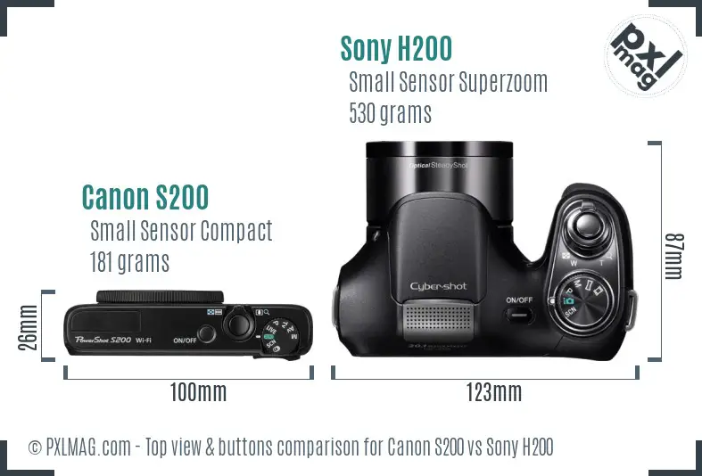 Canon S200 vs Sony H200 top view buttons comparison