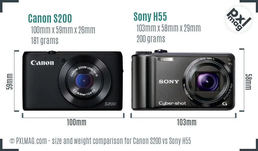 Canon S200 vs Sony H55 size comparison
