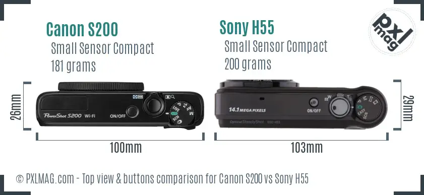 Canon S200 vs Sony H55 top view buttons comparison