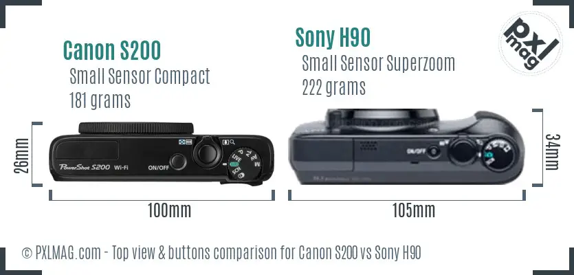 Canon S200 vs Sony H90 top view buttons comparison