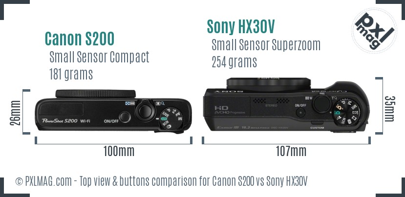 Canon S200 vs Sony HX30V top view buttons comparison