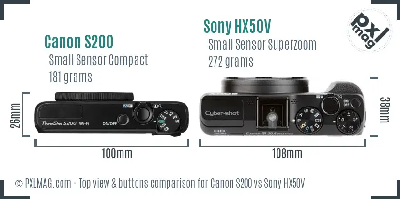 Canon S200 vs Sony HX50V top view buttons comparison Canon S200 vs Sony HX50V top view buttons comparison