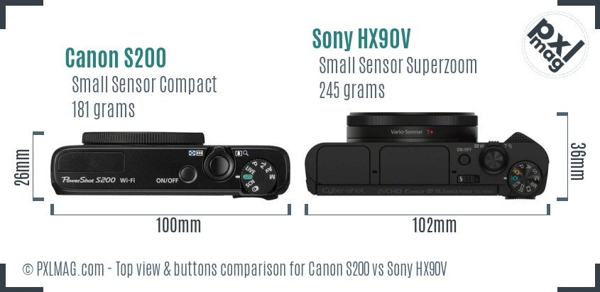 Canon S200 vs Sony HX90V top view buttons comparison