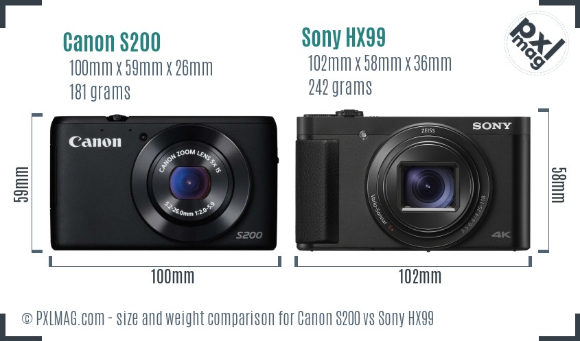 Canon S200 vs Sony HX99 size comparison
