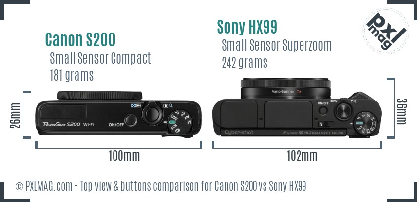 Canon S200 vs Sony HX99 top view buttons comparison