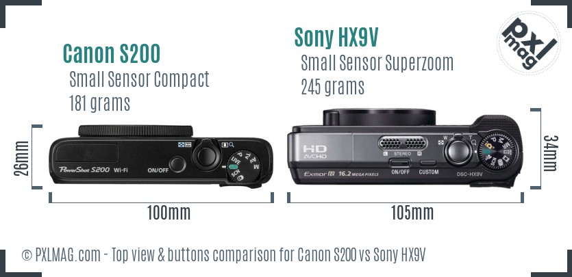 Canon S200 vs Sony HX9V top view buttons comparison