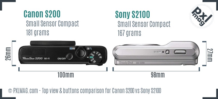 Canon S200 vs Sony S2100 top view buttons comparison