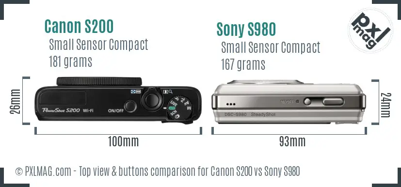 Canon S200 vs Sony S980 top view buttons comparison Canon S200 vs Sony S980 top view buttons comparison