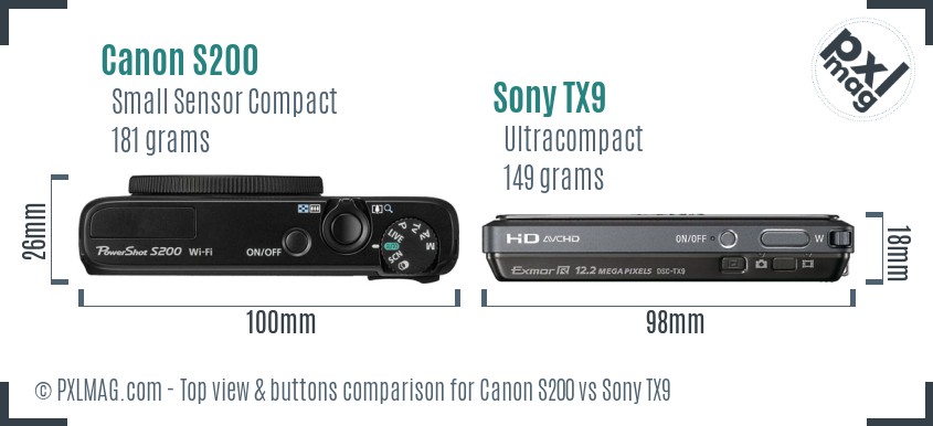 Canon S200 vs Sony TX9 top view buttons comparison