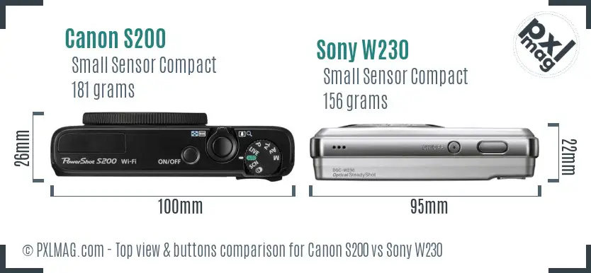 Canon S200 vs Sony W230 top view buttons comparison Canon S200 vs Sony W230 top view buttons comparison