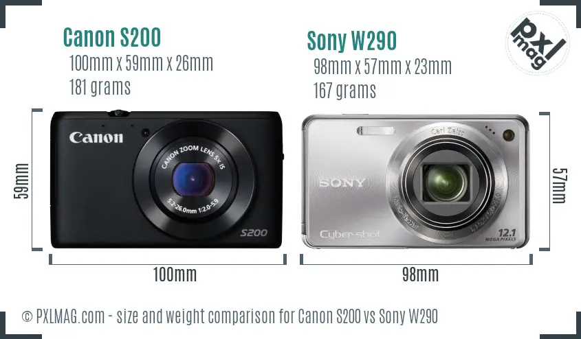 Canon S200 vs Sony W290 size comparison