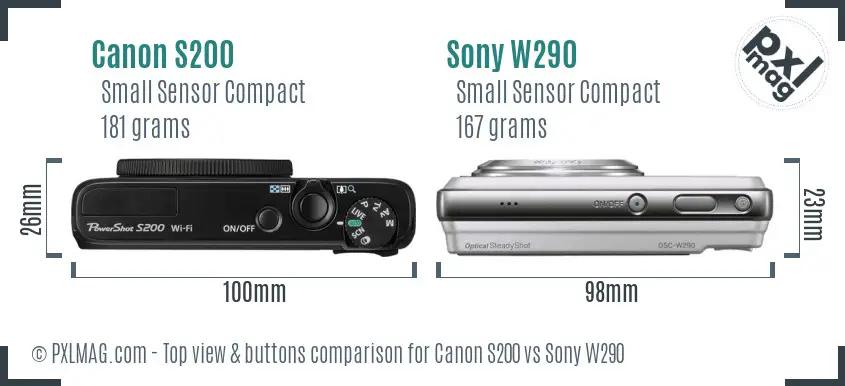Canon S200 vs Sony W290 top view buttons comparison