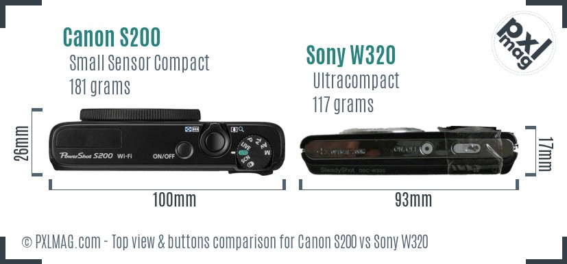 Canon S200 vs Sony W320 top view buttons comparison