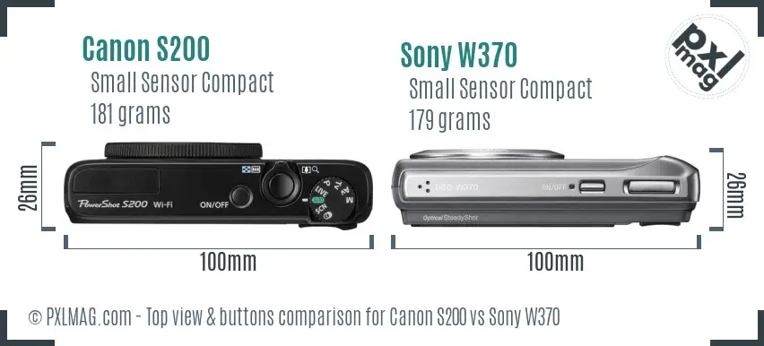 Canon S200 vs Sony W370 top view buttons comparison
