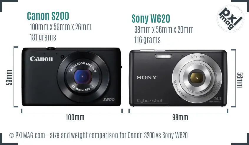 Canon S200 vs Sony W620 size comparison