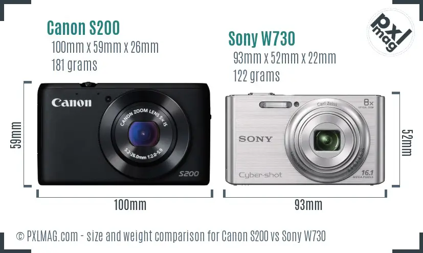 Canon S200 vs Sony W730 size comparison