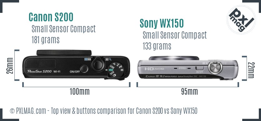 Canon S200 vs Sony WX150 top view buttons comparison