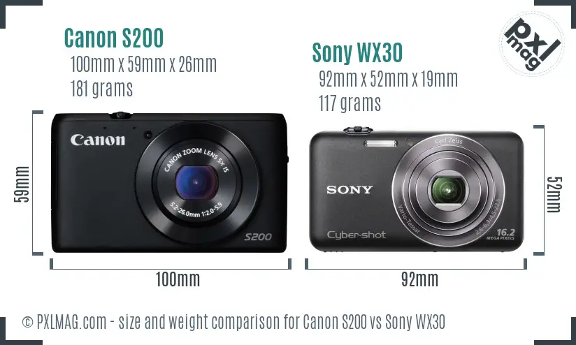 Canon S200 vs Sony WX30 size comparison