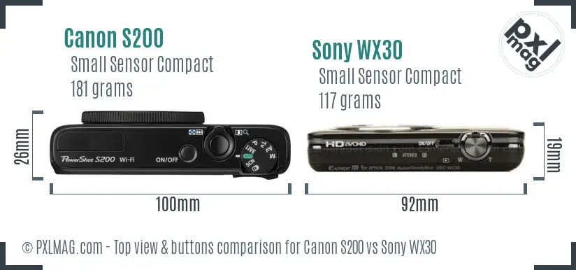 Canon S200 vs Sony WX30 top view buttons comparison