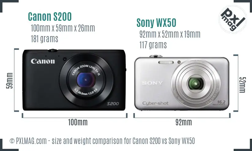 Canon S200 vs Sony WX50 size comparison
