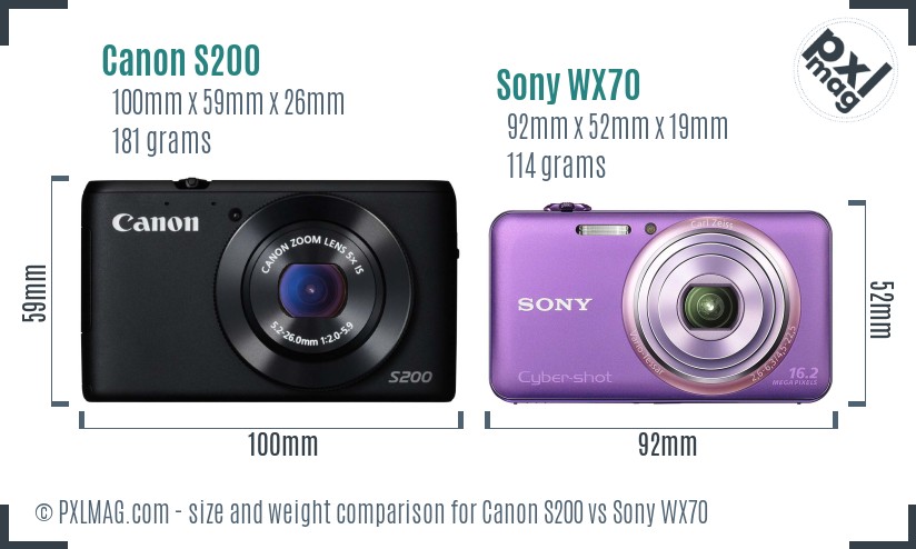 Canon S200 vs Sony WX70 size comparison