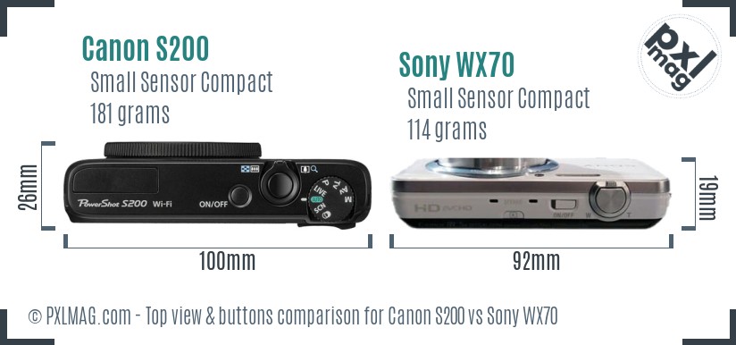 Canon S200 vs Sony WX70 top view buttons comparison