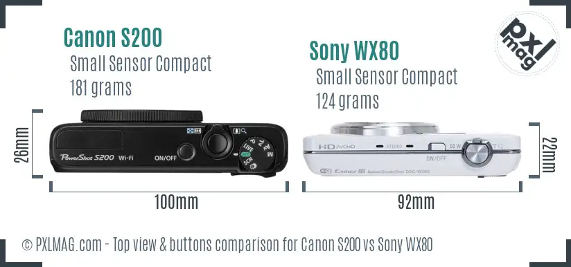 Canon S200 vs Sony WX80 top view buttons comparison