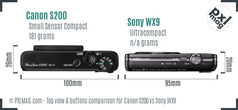 Canon S200 vs Sony WX9 top view buttons comparison