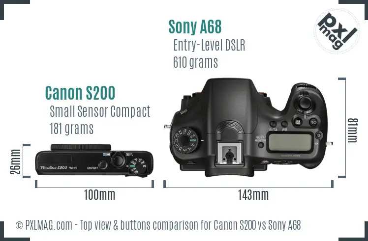 Canon S200 vs Sony A68 top view buttons comparison Canon S200 vs Sony A68 top view buttons comparison