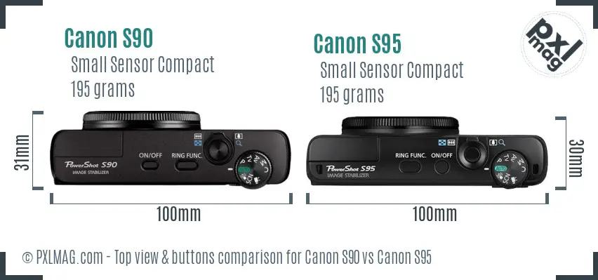 Canon S90 vs Canon S95 top view buttons comparison