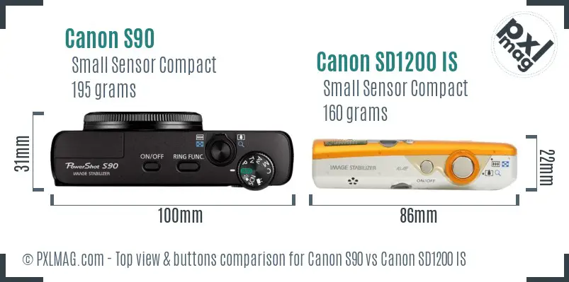Canon S90 vs Canon SD1200 IS top view buttons comparison Canon S90 vs Canon SD1200 IS top view buttons comparison